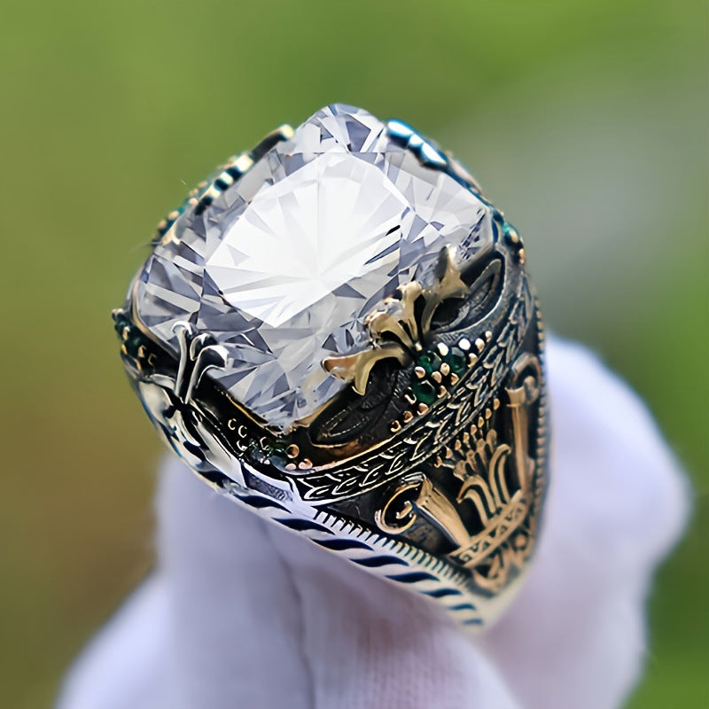 Elegant Vintage Emerald Ring With A Bold Hollowed-out Design For Men