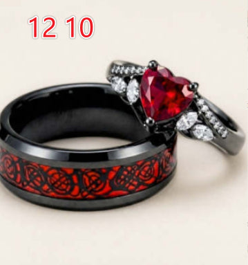 Gun-black Plated Crown Ring Inlaid With A Red Heart-shaped Diamond