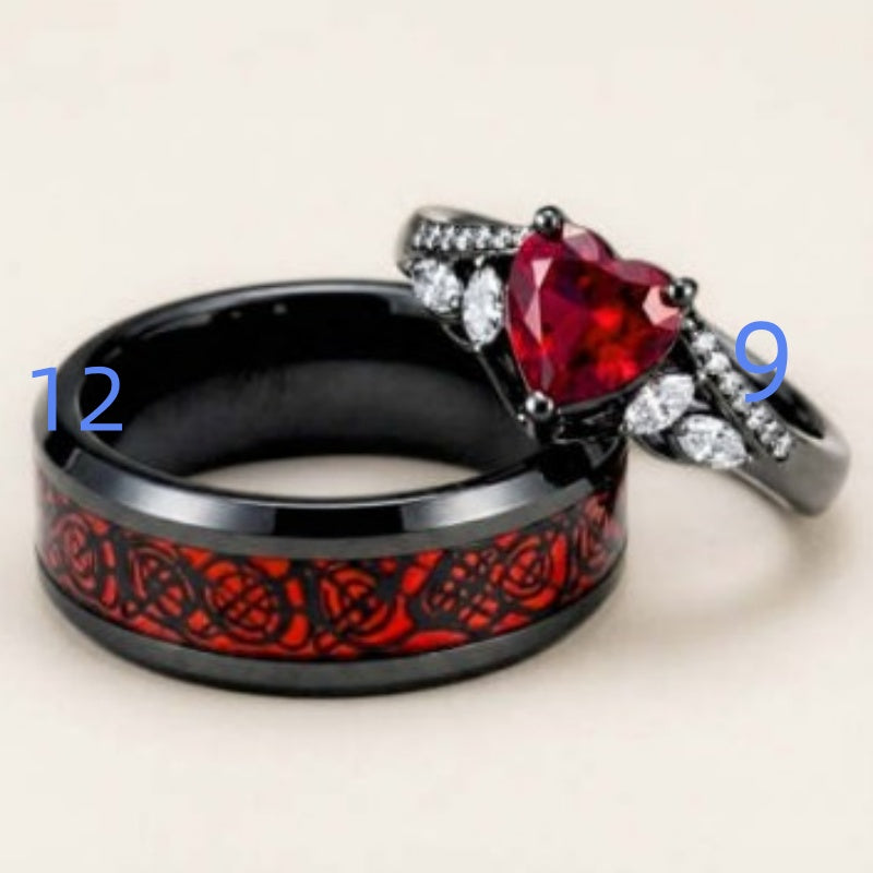 Gun-black Plated Crown Ring Inlaid With A Red Heart-shaped Diamond