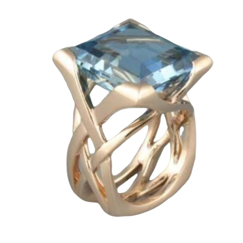 Creative Hollowed-out Gold-inlaid Square Ring With A Blue Stone