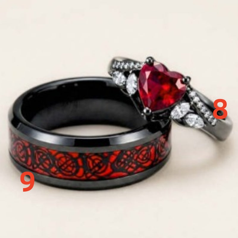 Gun-black Plated Crown Ring Inlaid With A Red Heart-shaped Diamond