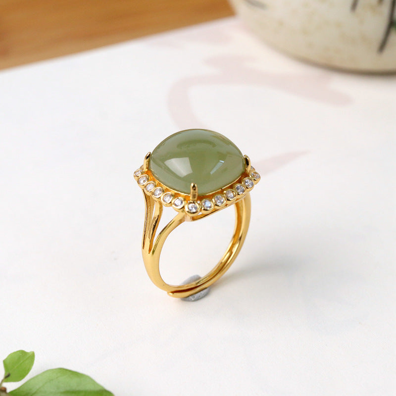 Qishang Biyu Square Ring Minimalist Geometric Square In White Jade And Green Jade