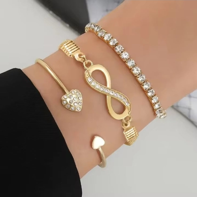 3 pièces ensemble Vintage Cristal strass cœur Bracelets pour femme
