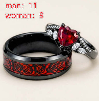 Gun-black Plated Crown Ring Inlaid With A Red Heart-shaped Diamond