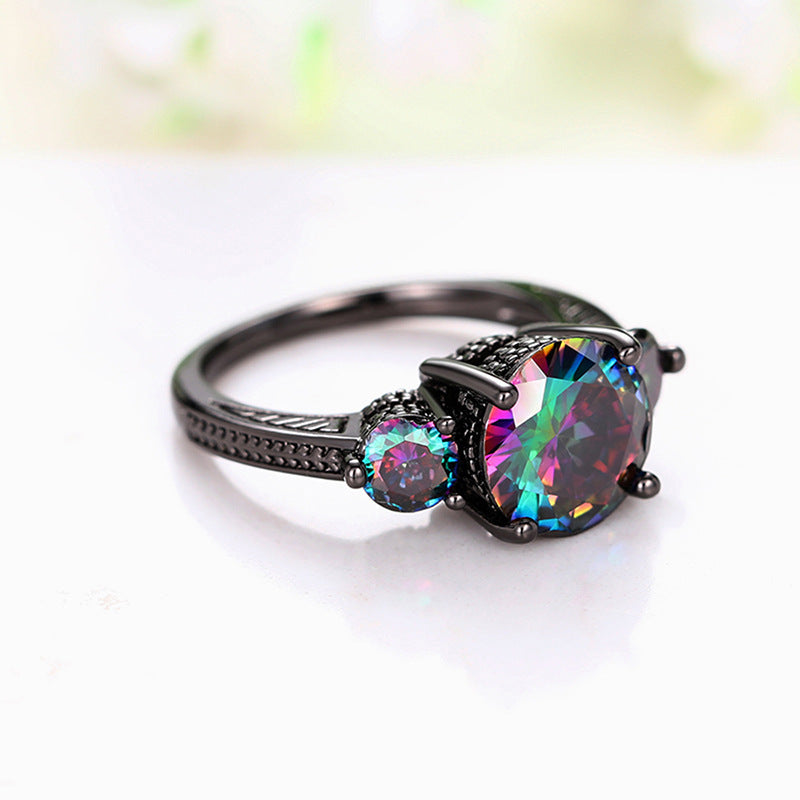Fashionable Gun-black Ring With Three Dazzling Colored Stones