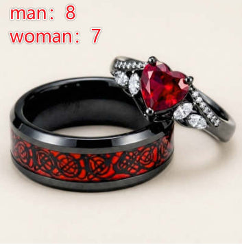 Gun-black Plated Crown Ring Inlaid With A Red Heart-shaped Diamond