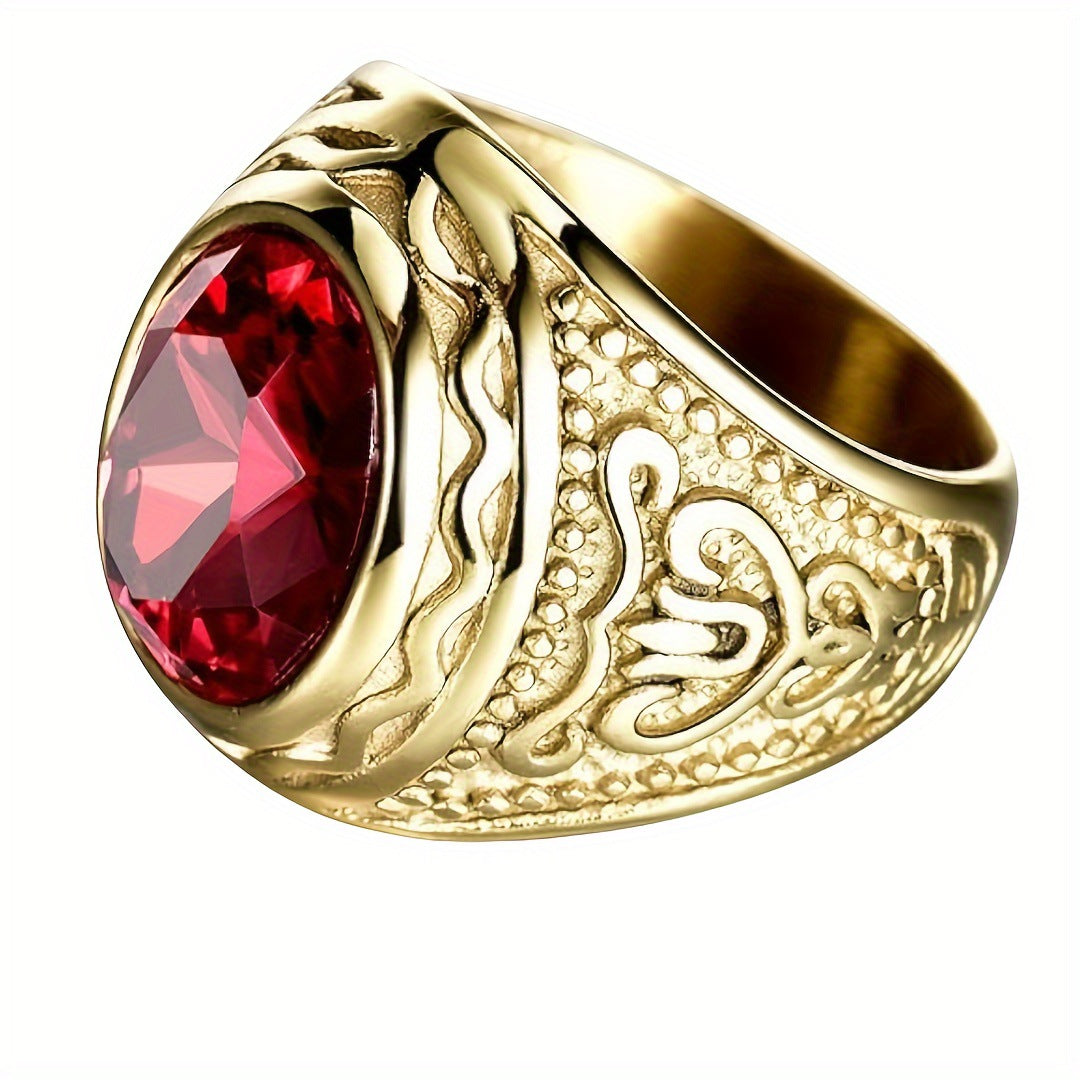 Vintage Carved Pattern Men's Ring, Gold Wedding Ring
