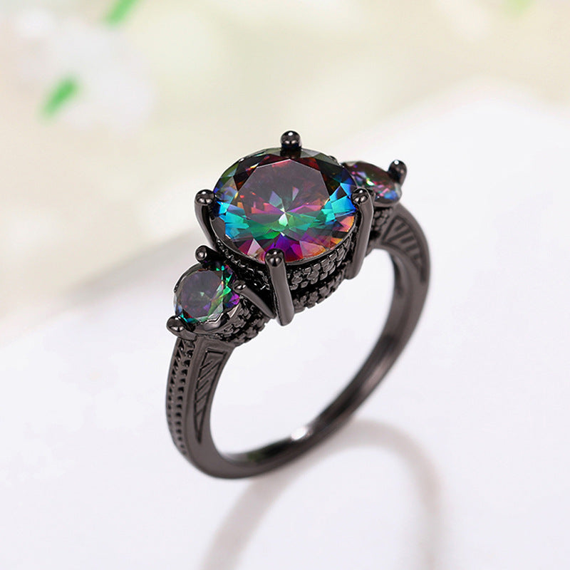 Fashionable Gun-black Ring With Three Dazzling Colored Stones
