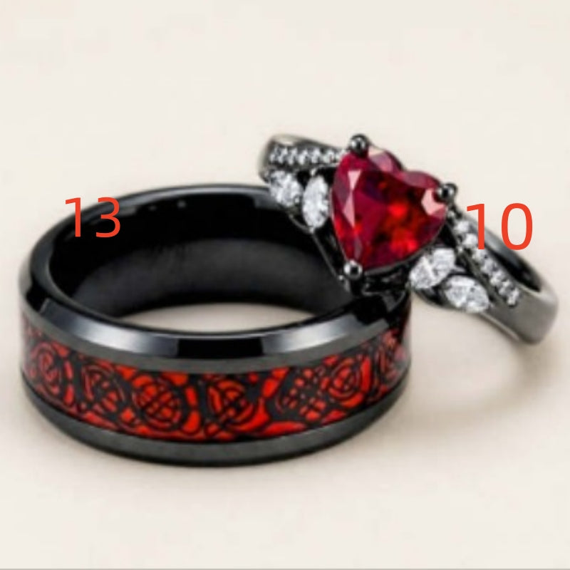 Gun-black Plated Crown Ring Inlaid With A Red Heart-shaped Diamond