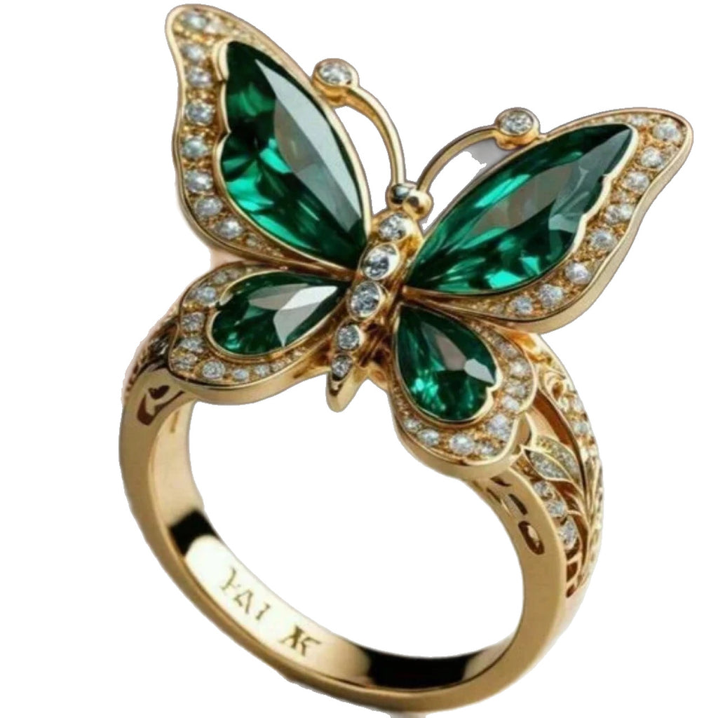 Elegant And Sophisticated Butterfly-cutout Ring Inlaid With Emeralds