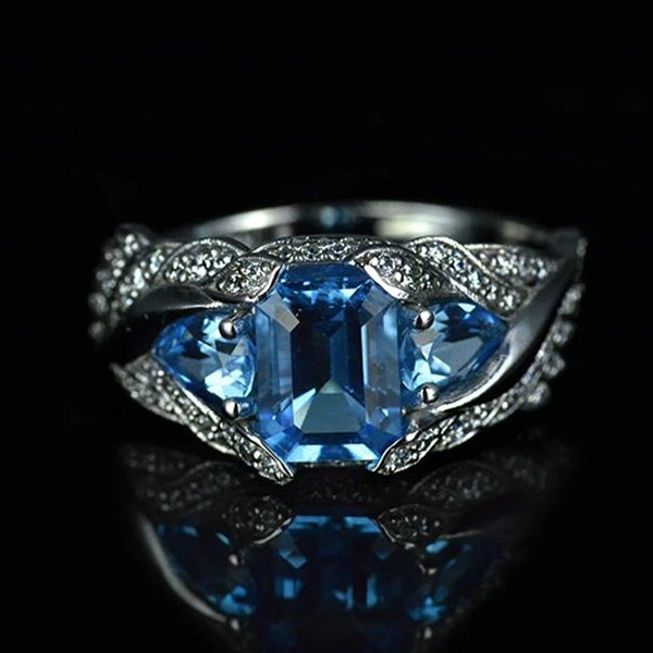 Blue Square Gem Female Ring Popular Ornament