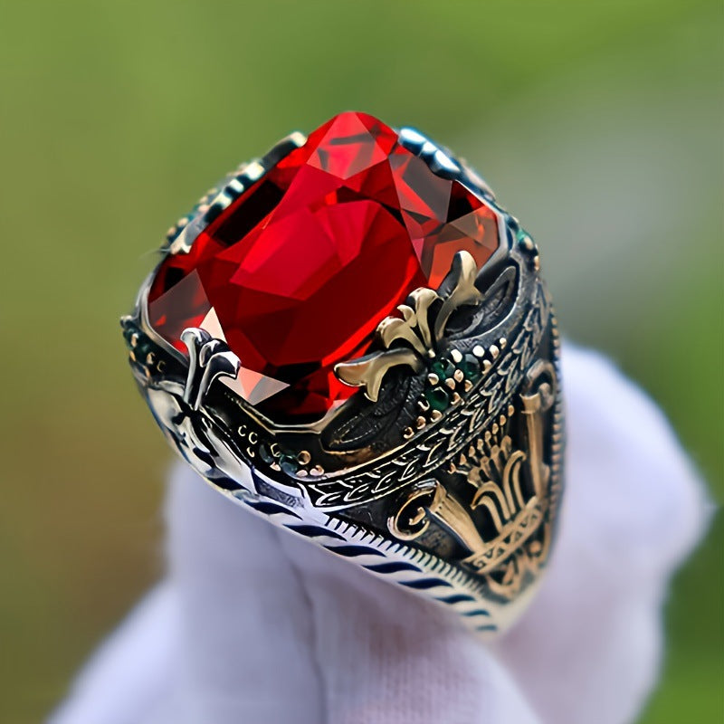 Elegant Vintage Emerald Ring With A Bold Hollowed-out Design For Men