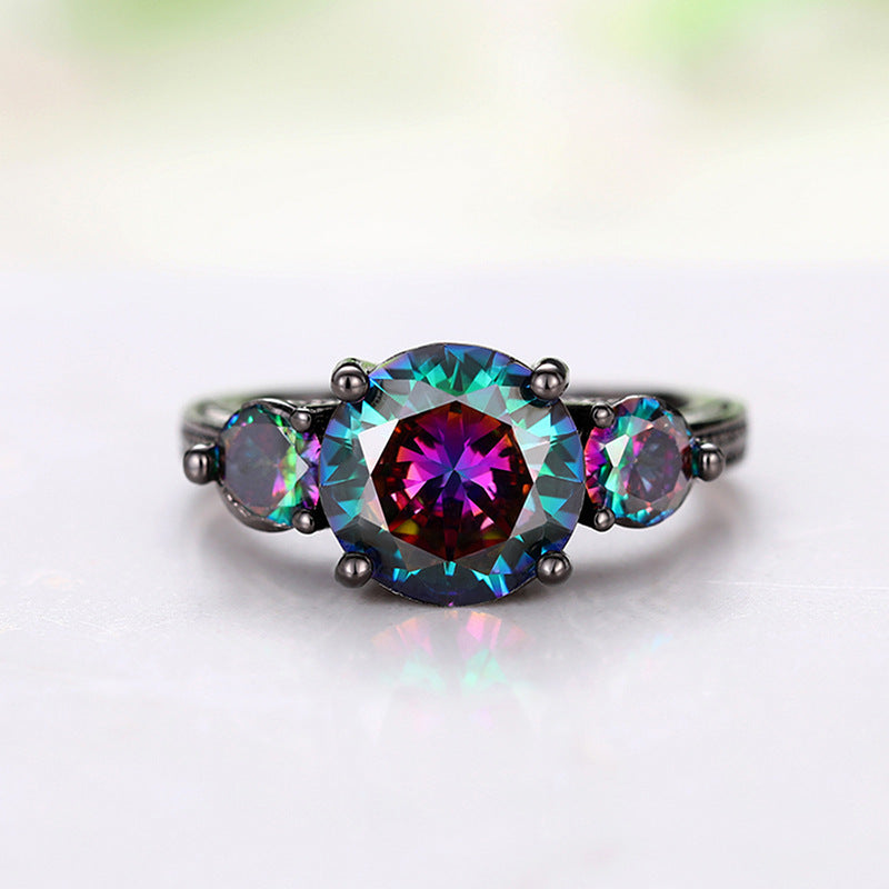 Fashionable Gun-black Ring With Three Dazzling Colored Stones
