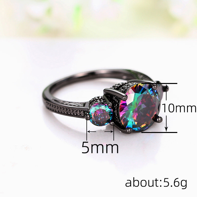 Fashionable Gun-black Ring With Three Dazzling Colored Stones