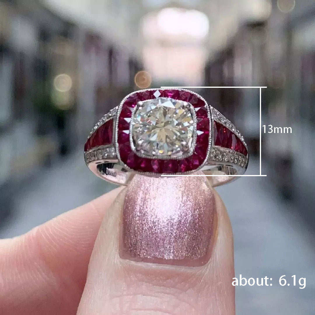 Cao Shi Red Corundum Gemstone Ring For Women Pave-Set Zircon Ring