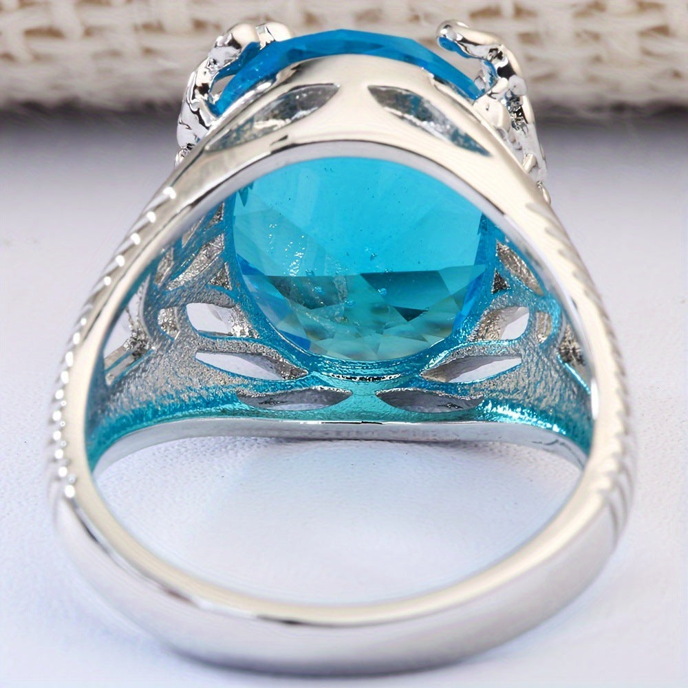 Fashionable And Glamorous Lake-Blue Zircon Ring With Platinum Plating