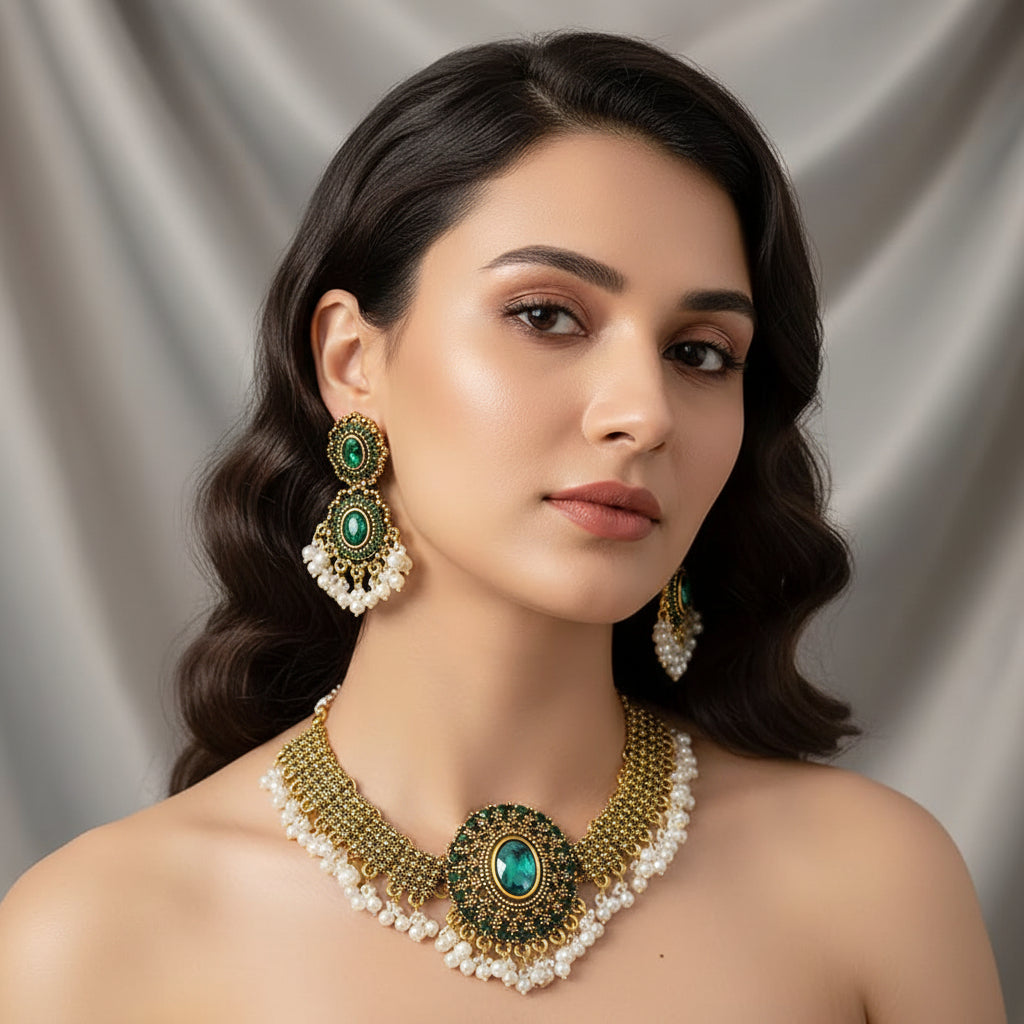 Parure de bijoux de mariée luxueuse en cristal rétro, inspiration ethnique indienne, plaquée or, collier et boucles d’oreilles – Cadeau idéal pour la Saint-Valentin