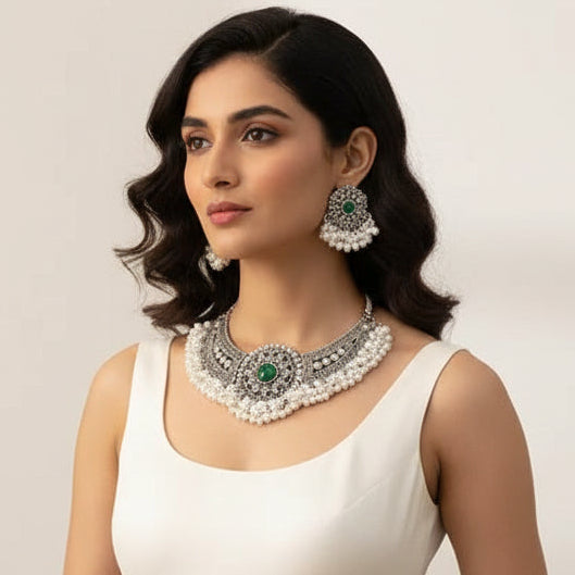 Parure ras-du-cou à pompon perlé – Collier & boucles d’oreilles à clip