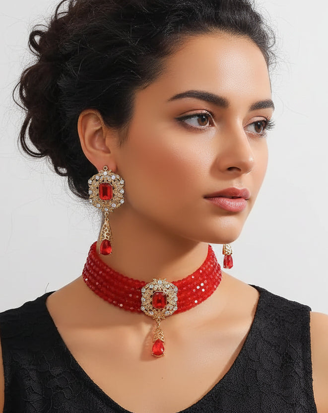 Parure vintage avec cristaux ✨verts, rouges, bleus et noirs, collier et boucles d’oreilles