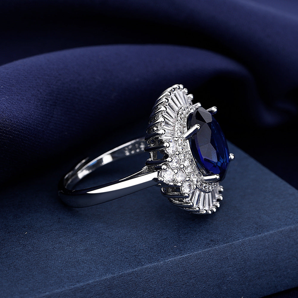 Sea Blue Heart Luxury Square Full Diamond Open Mouth Design Luxury Female Temperament Ring
