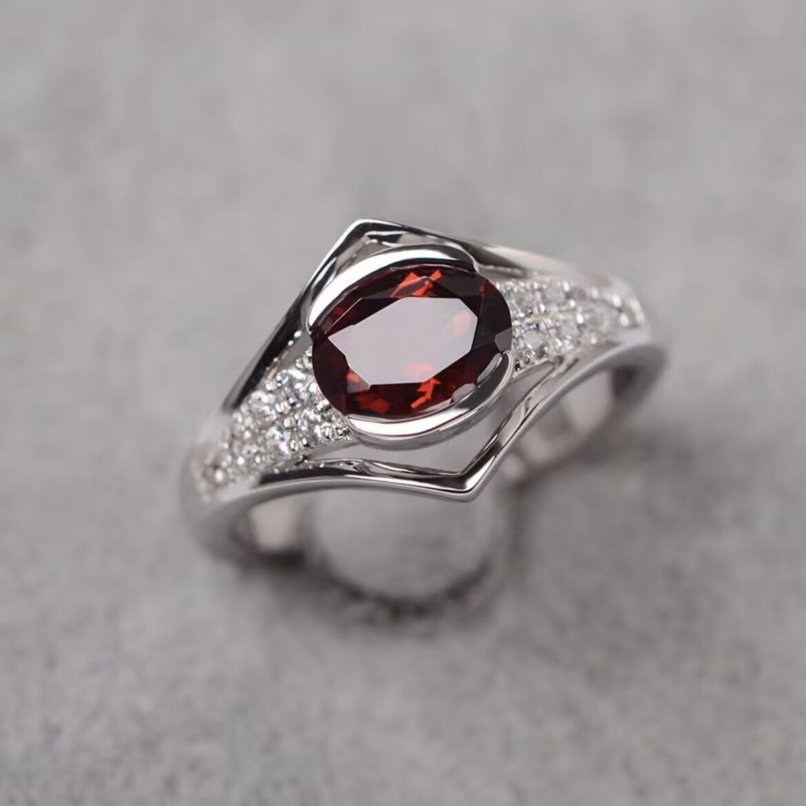 Womens Open-End Red Zircon Ring With Hollow Design