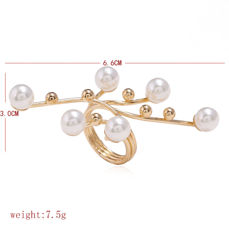 Oversized Geometric Pearl Ring Gold-Tone Alloy Index Finger Band European American Fashion Trendy Jewelry