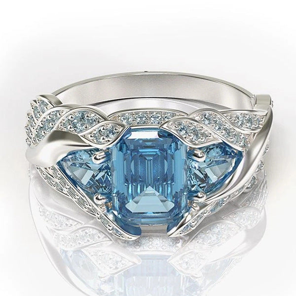 Blue Square Gem Female Ring Popular Ornament