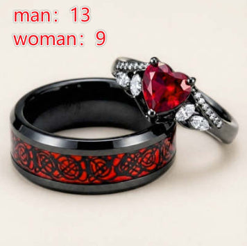 Gun-black Plated Crown Ring Inlaid With A Red Heart-shaped Diamond
