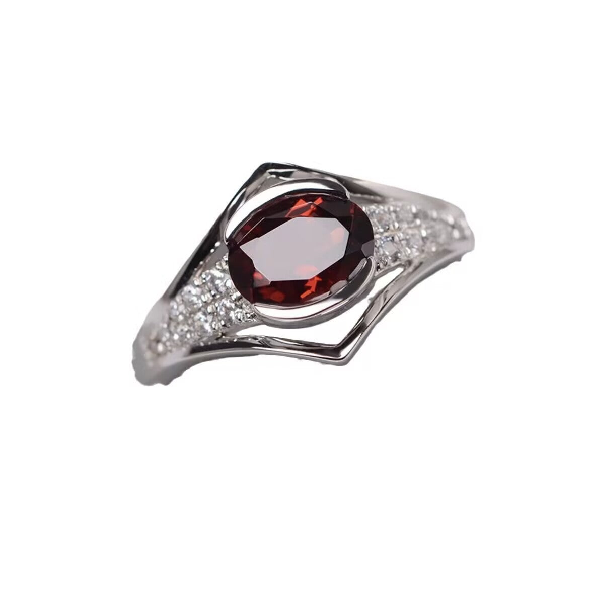 Womens Open-End Red Zircon Ring With Hollow Design