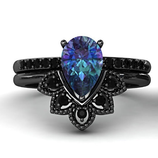 New Style Gun-black Couple Rings Inlaid With Colorful Zircon