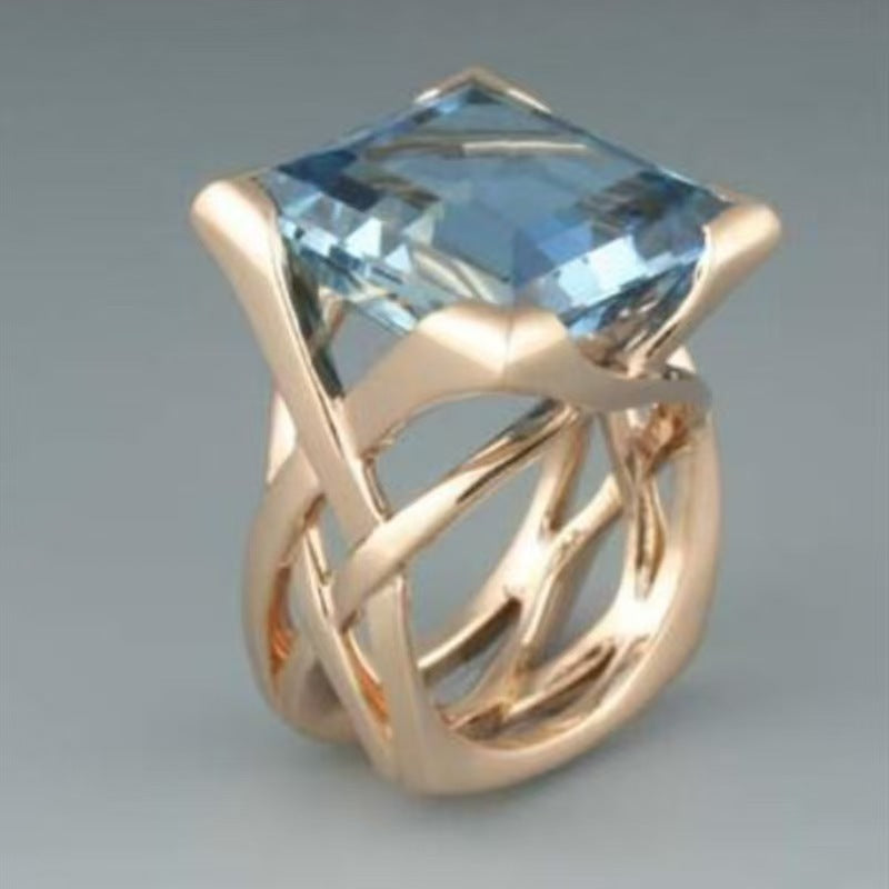 Creative Hollowed-out Gold-inlaid Square Ring With A Blue Stone