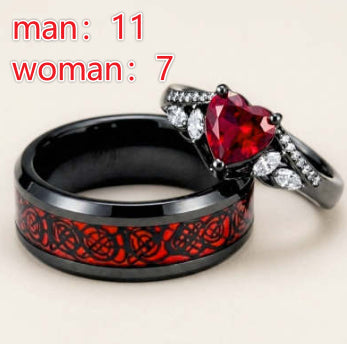 Gun-black Plated Crown Ring Inlaid With A Red Heart-shaped Diamond