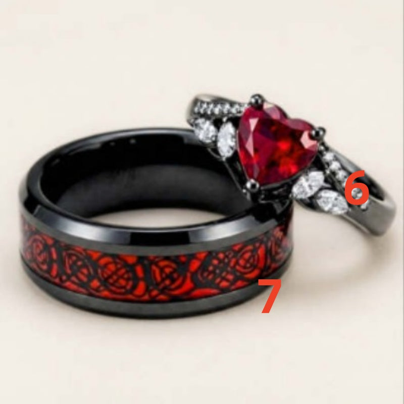 Gun-black Plated Crown Ring Inlaid With A Red Heart-shaped Diamond