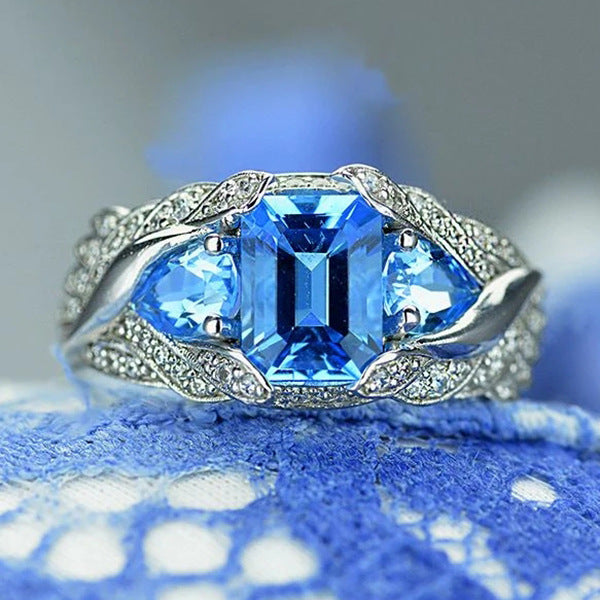 Blue Square Gem Female Ring Popular Ornament
