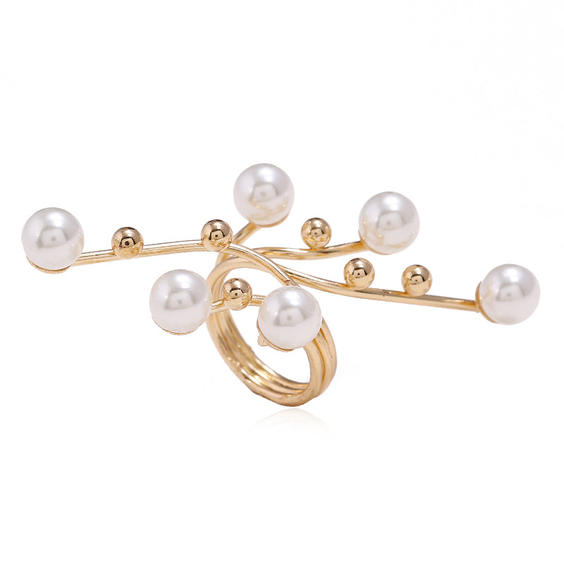 Oversized Geometric Pearl Ring Gold-Tone Alloy Index Finger Band European American Fashion Trendy Jewelry