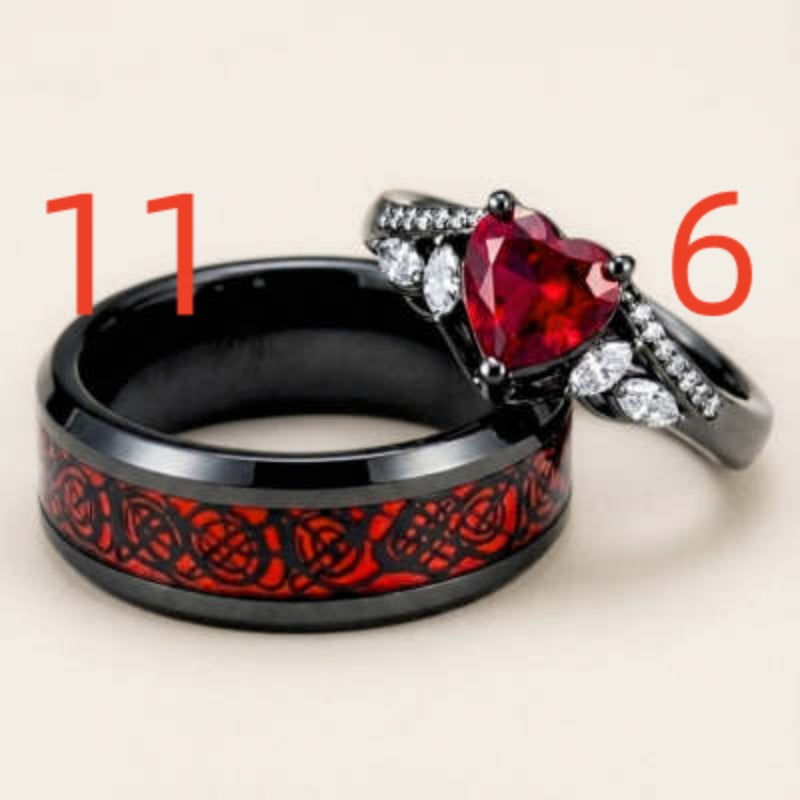 Gun-black Plated Crown Ring Inlaid With A Red Heart-shaped Diamond